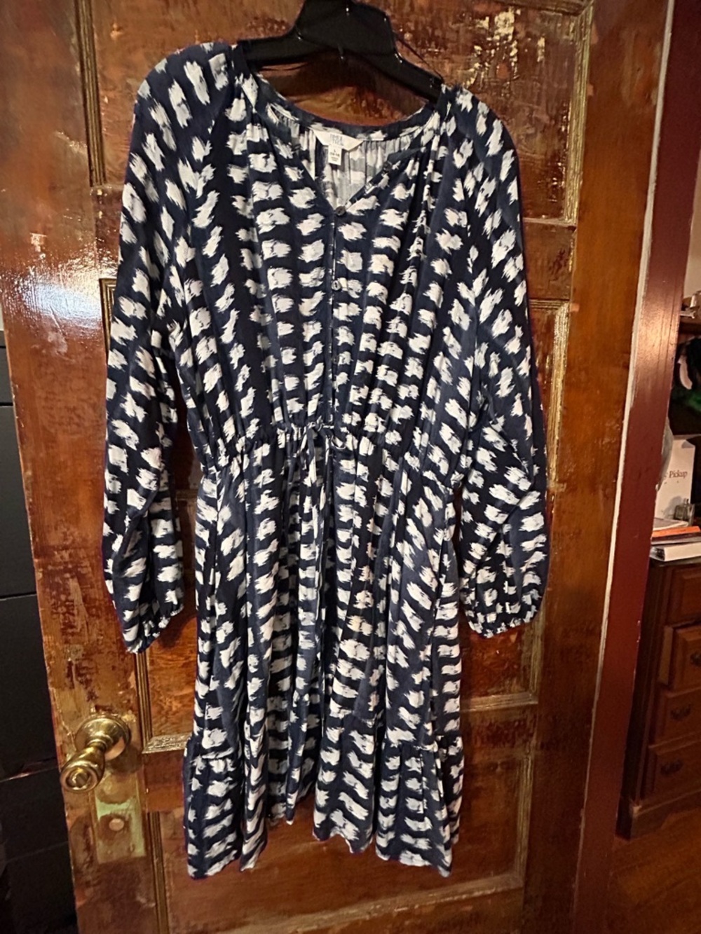 Navy and White Printed Long Sleeve Dress